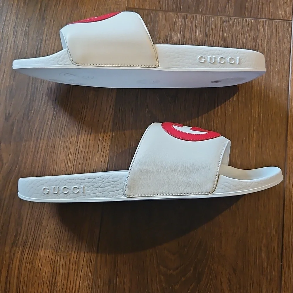 GUCCI INTERLOCKING G LEATHER SLIDES WHITE SIZE EU 38 - Picture 14 of 16